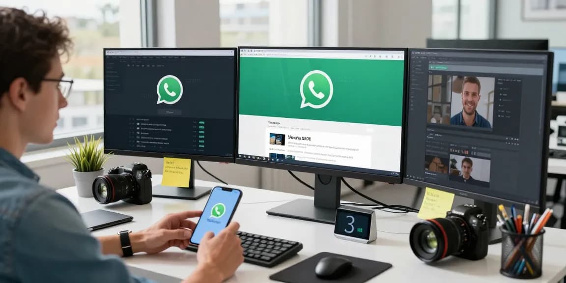 Person using WhatsApp網頁版 on desktop surrounded by tech gadgets in a modern office