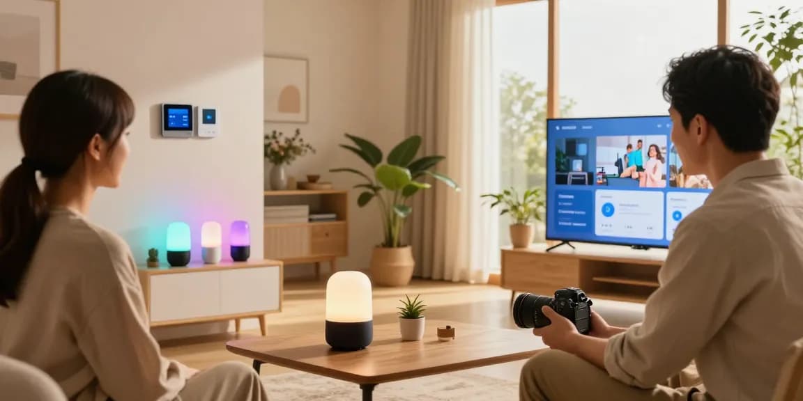 Smart home gadgets 2026 in a cozy living room showcasing modern technology integration.