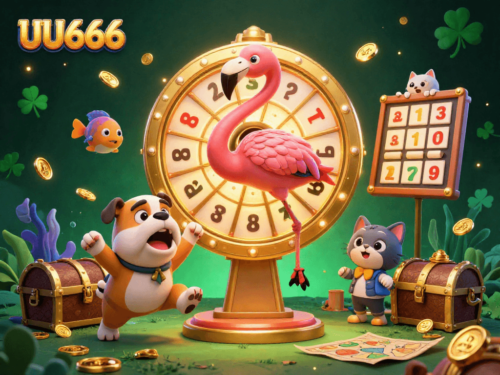 Exciting game show scene with UU666 theme featuring a flamingo host and bulldog contestant in a vibrant casino.