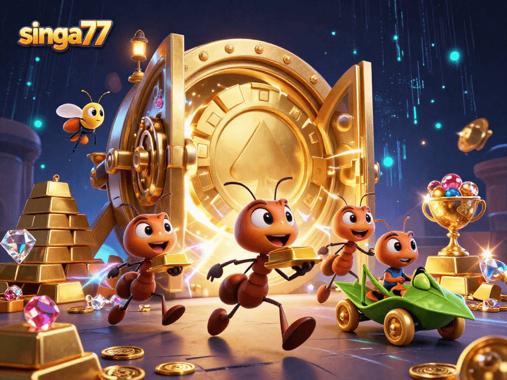 Singa77 team of ants executing a heist with a poker chip in a dynamic casino setting