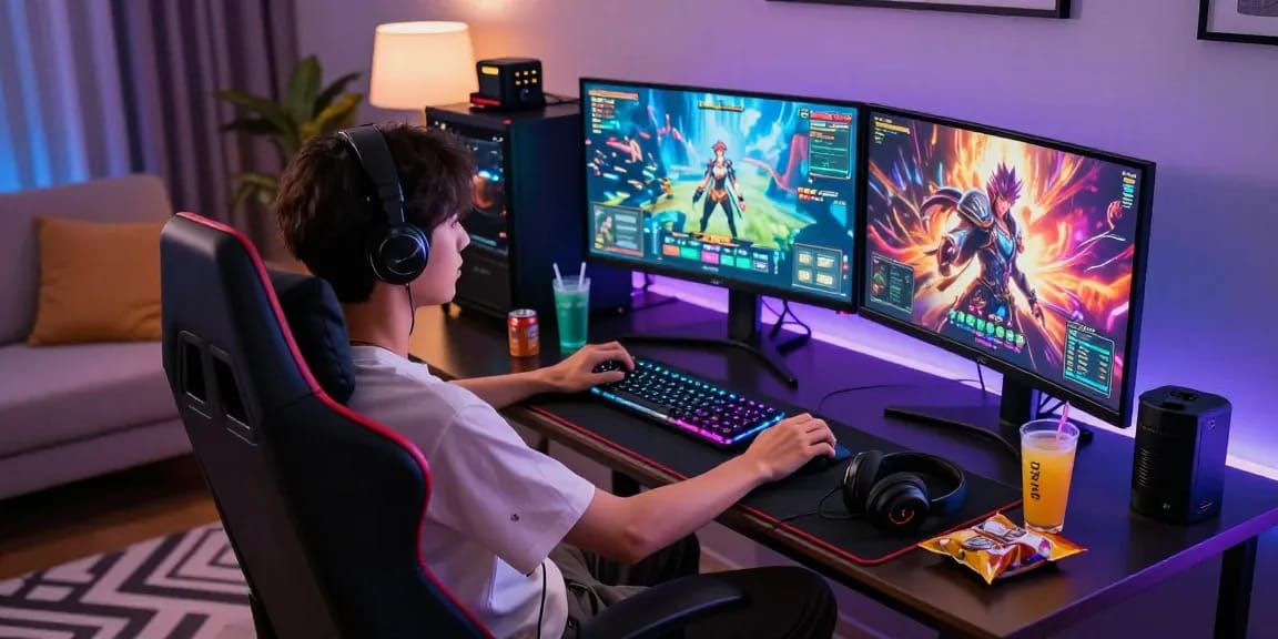 Engaged player enjoying vibrant hentai games in a stylish gaming setup.
