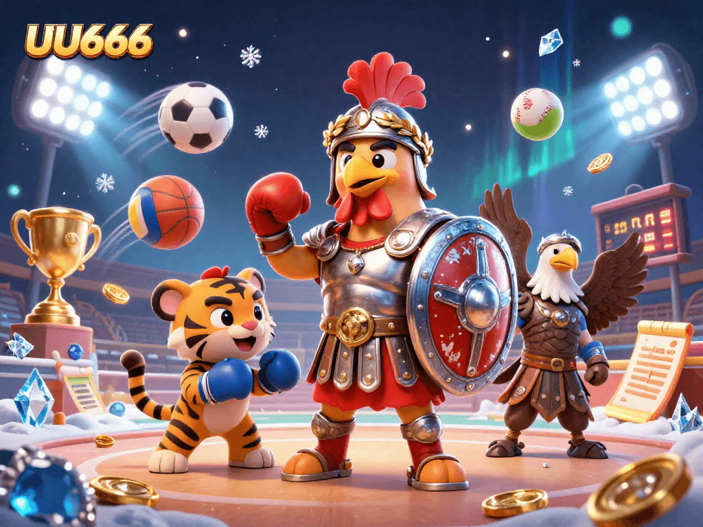 Engage with UU666's dynamic world of gaming featuring a valiant rooster and exciting sports elements.