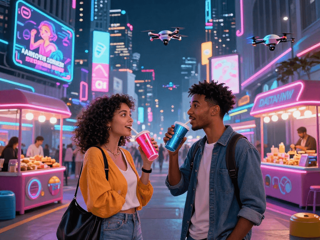 Couple in trendy outfits exploring a tech-savvy urban nightlife, engaging with AI art displays related to sex AI.