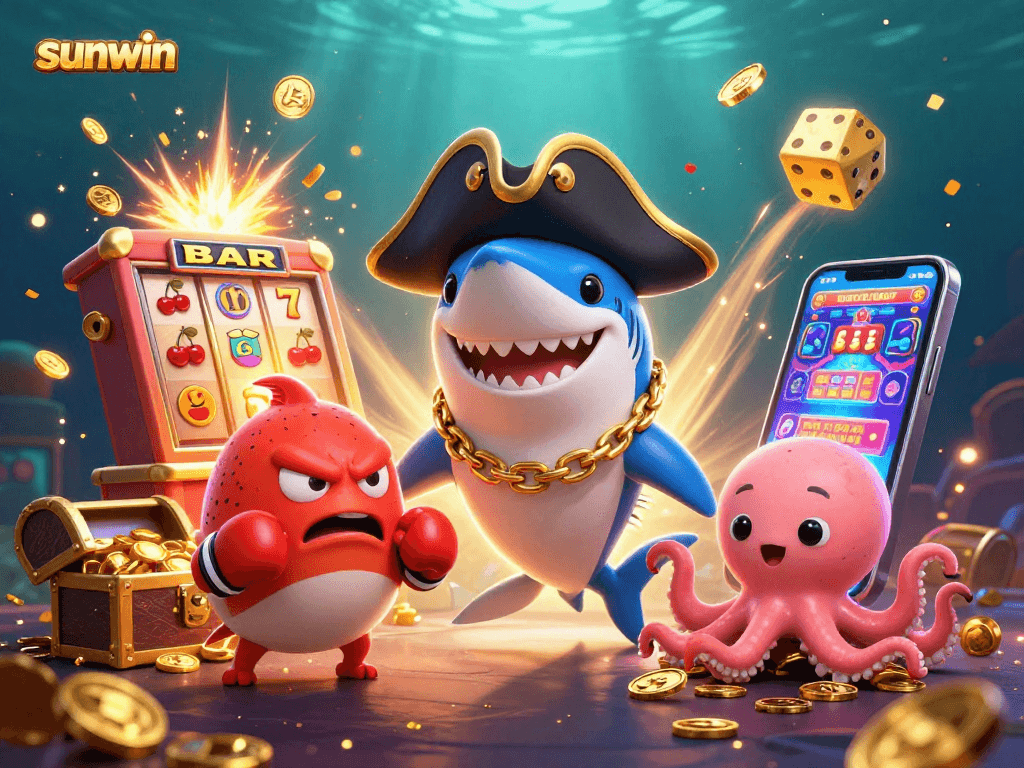Engage in thrilling gameplay at sunwin with cartoon pirate characters amidst casino excitement.