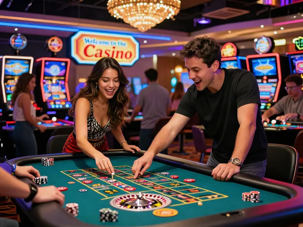 Casinos non Gamblock UK gaming experience with diverse players at a roulette table in vibrant casino lights.