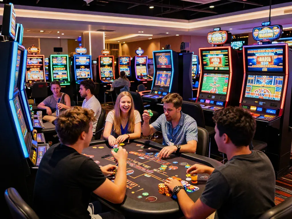 Exciting casino atmosphere showcasing players enjoying non GamBlock UK gaming options, with bright neon lights and lively interactions.