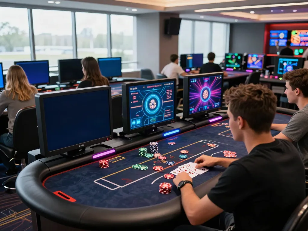 Players immersed in online gaming at casinos non gamblock uk, showcasing vibrant digital interfaces and immersive decor.