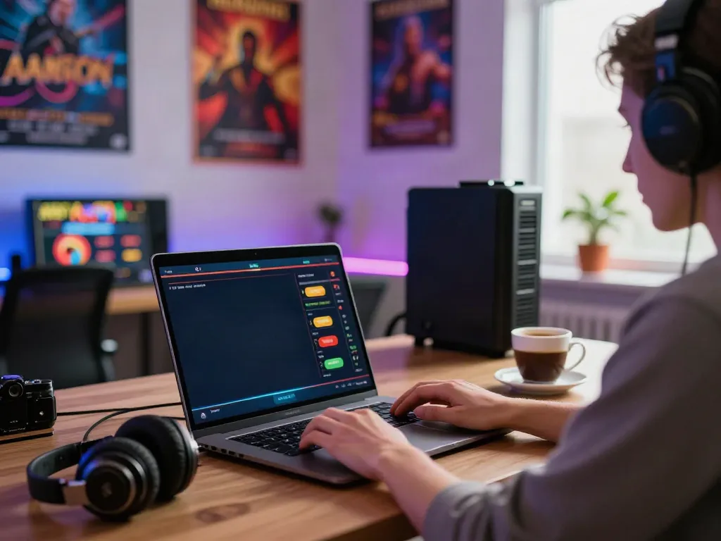 Engaging scene showcasing a player enjoying casinos non gamblock uk on a stylish laptop, complete with gaming accessories and vibrant decor.