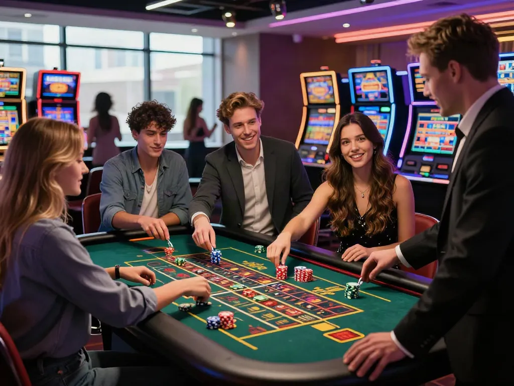 Group enjoying casinos non gamblock uk gameplay at a vibrant roulette table.