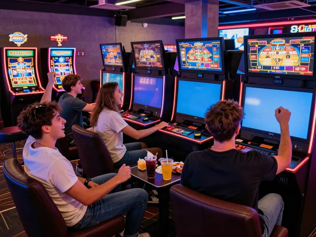 Group enjoying games at casinos non gamblock uk, vibrant atmosphere and engagement.