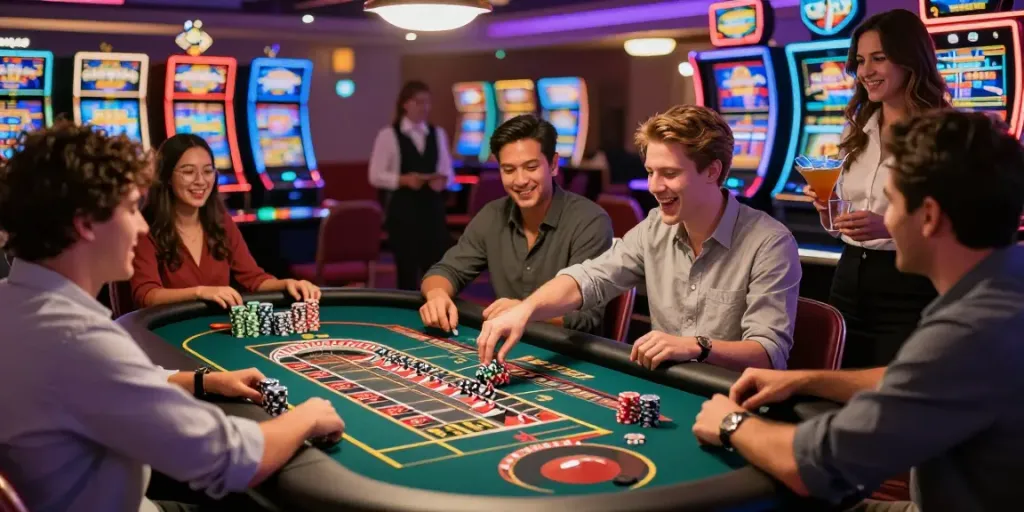 Engaging casino atmosphere with friends playing around roulette, showcasing casinos non gamblock uk options.