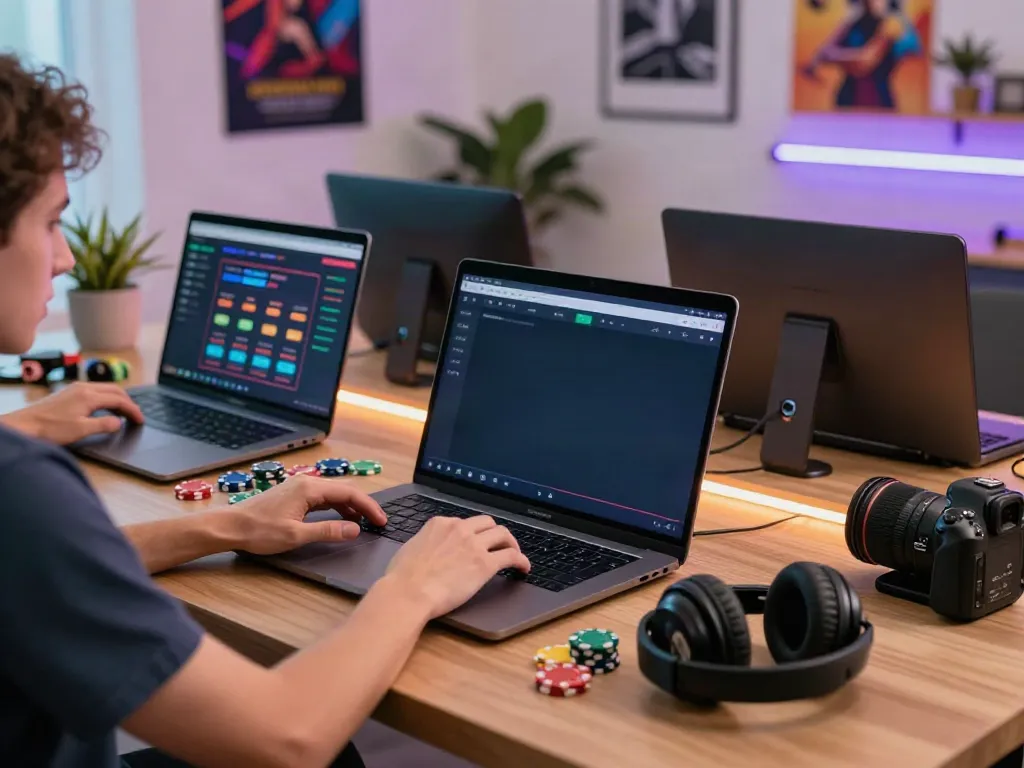 Casinos non gamblock uk setup featuring a player engaging in anonymous online gambling with gaming accessories.