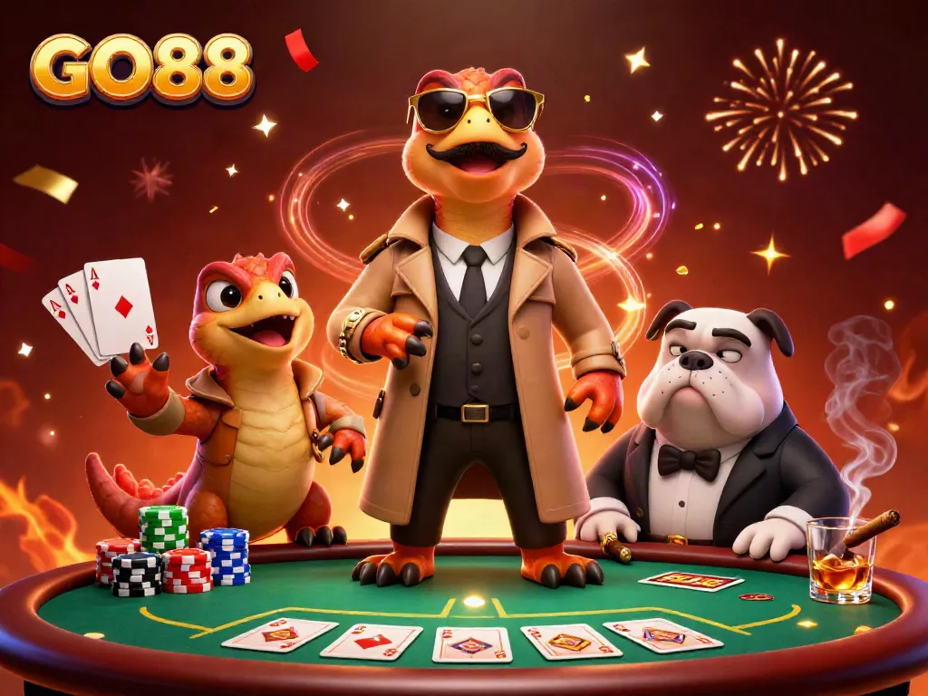 Engage with GO88 in a fun 3D scene where raptors sneak into a casino, showcasing poker elements.