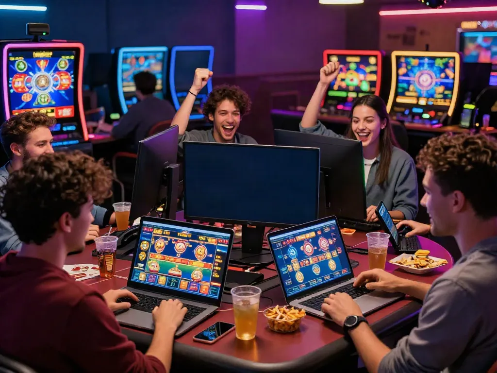 Engaged friends enjoying casinos non gamblock UK games on vibrant screens.