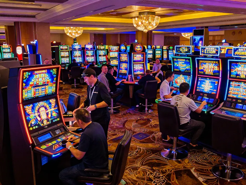 Casinos non GamBlock UK lively atmosphere with players engaged at vibrant slot machines and table games.