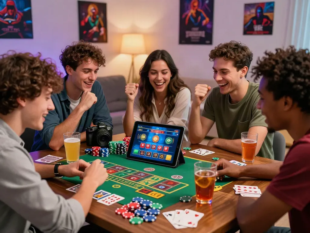 Friends enjoying casinos non gamblock uk gameplay together in cozy atmosphere.