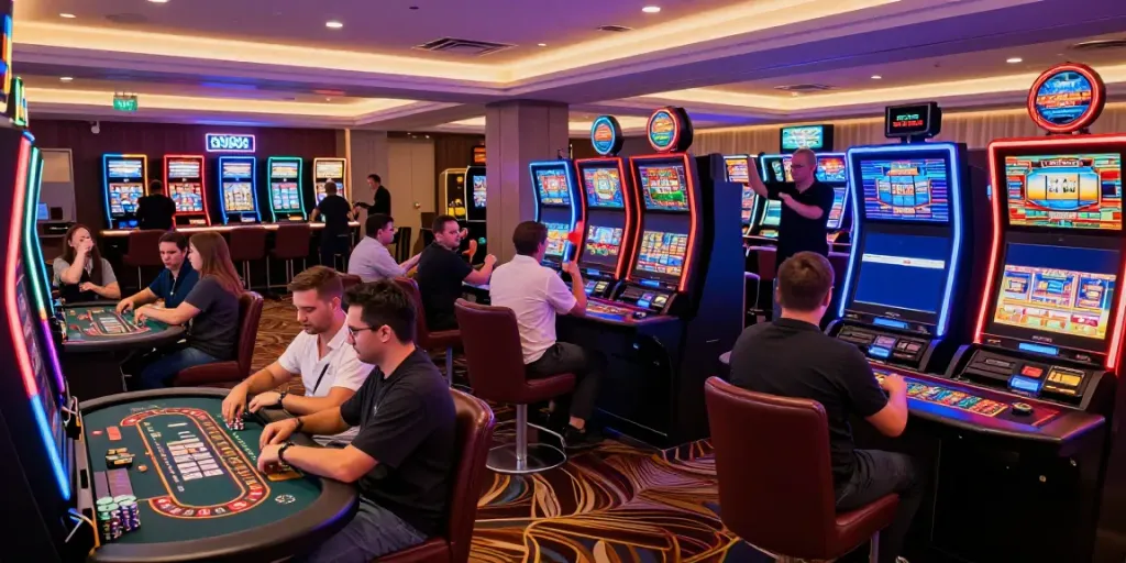 Engaging gaming atmosphere at casinos non gamblock uk with diverse players and vibrant lights.