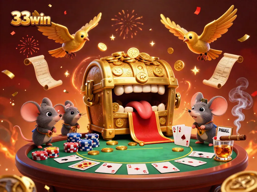 Engage with the 33win treasure chest scene filled with poker excitement and adventure.