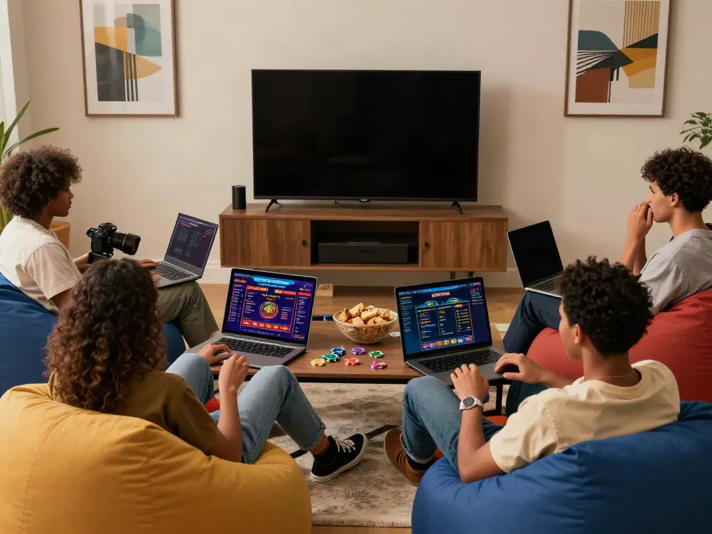 Exciting gaming night with friends playing casinos non gamblock uk, showcasing vibrant interaction and modern tech.