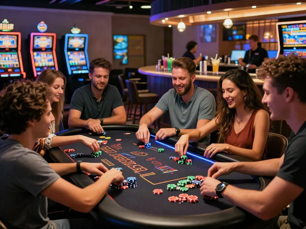 Exciting ambiance at casinos non gamblock UK with friends at a blackjack table.