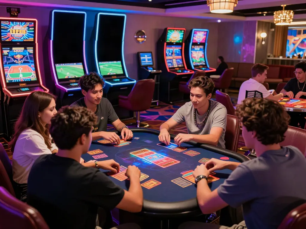 Friends enjoying games at casinos non gamblock uk in a lively lounge