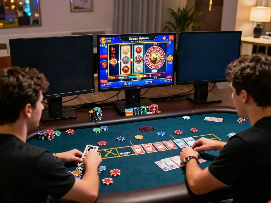 Engaged players enjoying casinos non gamblock uk with interactive gaming screens and casino elements.