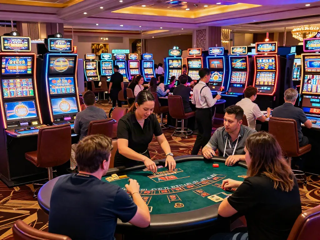 Engaging scene of casinos non gamblock uk with diverse players enjoying gaming and vibrant atmosphere.