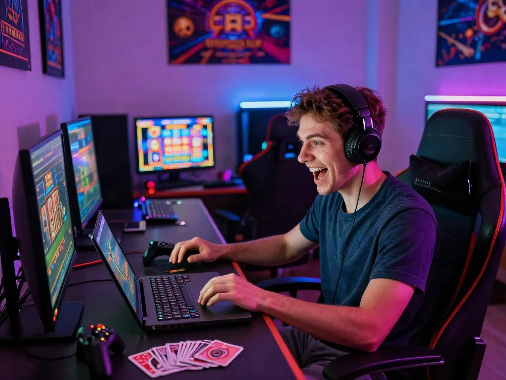 Player enjoying thrilling gaming experience at online casinos non gamblock uk with vibrant lighting and gaming accessories.
