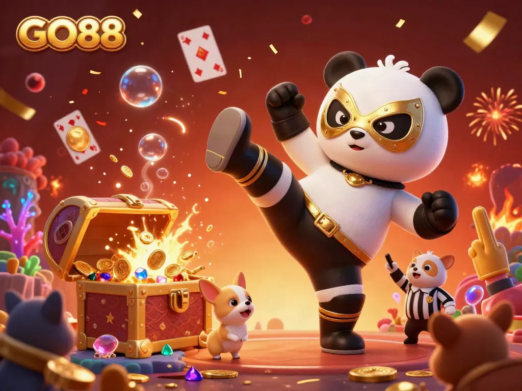 Experience the excitement of GO88 with a vibrant scene featuring a panda wrestler and cheering animal fans amidst dynamic casino elements.