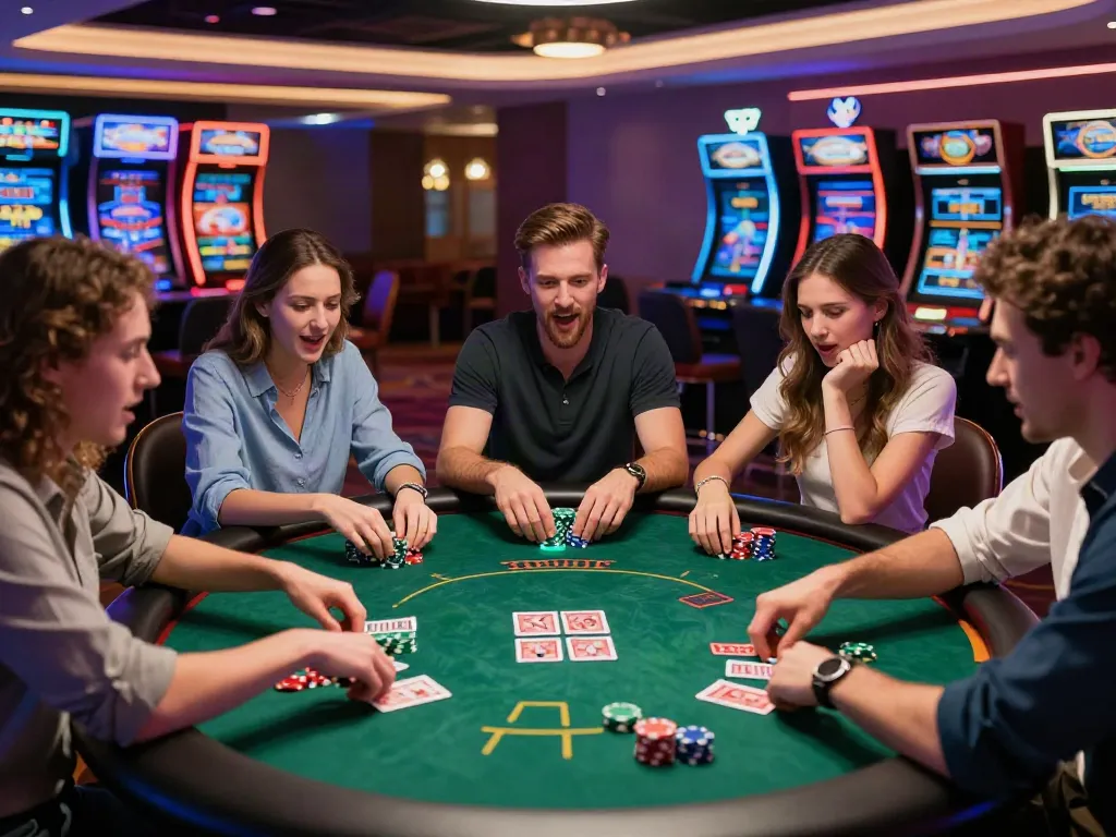 Casinos non gamblock UK lively gaming scene with players at poker table.