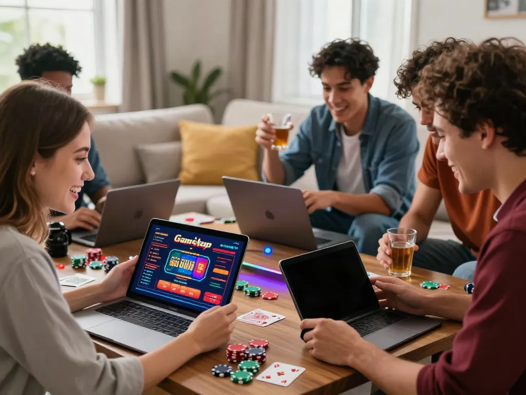 Friends enjoying non Gamblock UK casino games together in a cozy living room