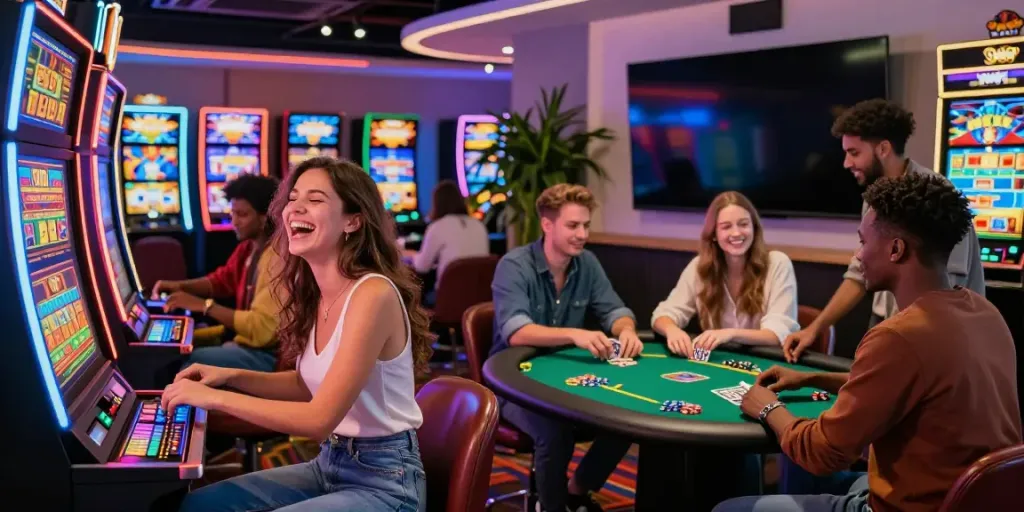 Friends enjoying an exciting night at casinos non gamblock uk, playing games and having fun.