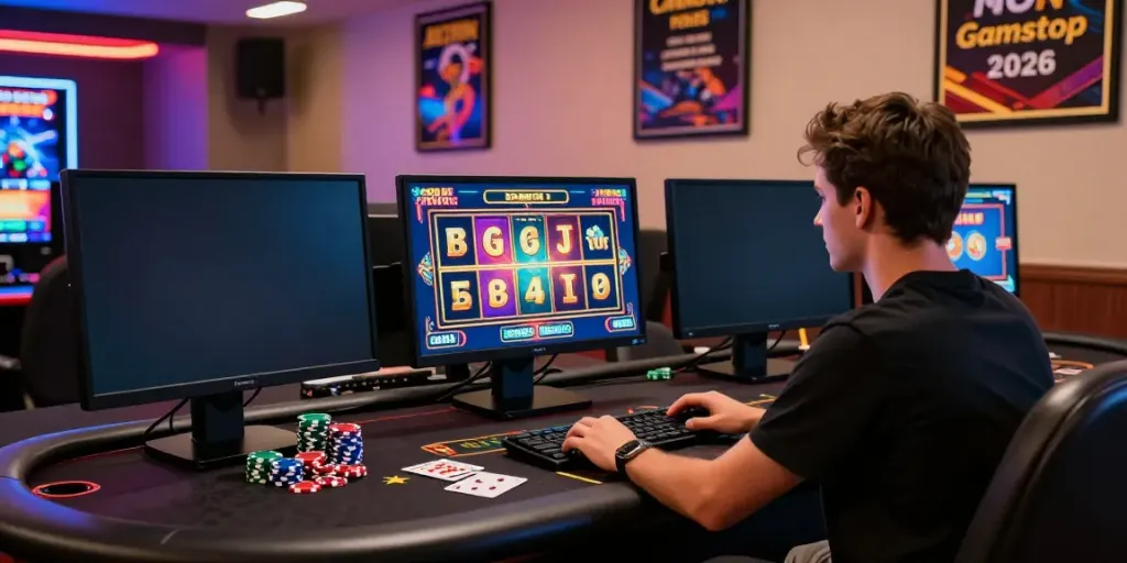 Engaged player exploring casinos non gamblock uk on a vibrant online gaming setup surrounded by poker chips and live games.