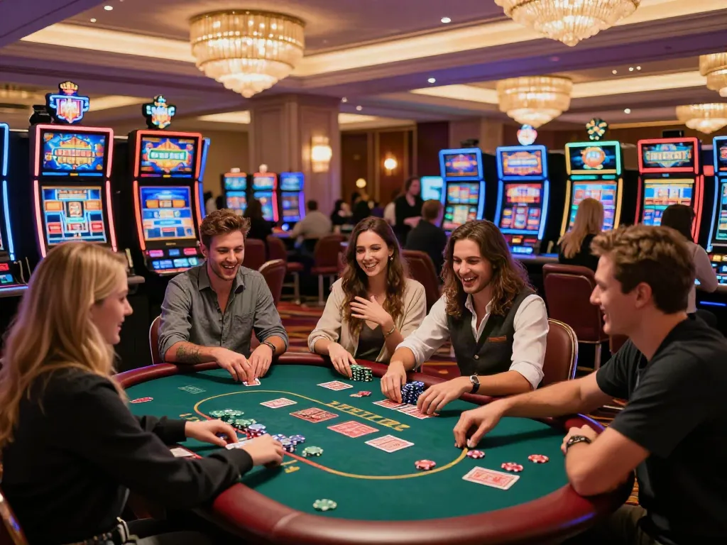 Exciting gaming atmosphere at casinos non Gamblock UK with diverse players enjoying slot machines and poker tables.