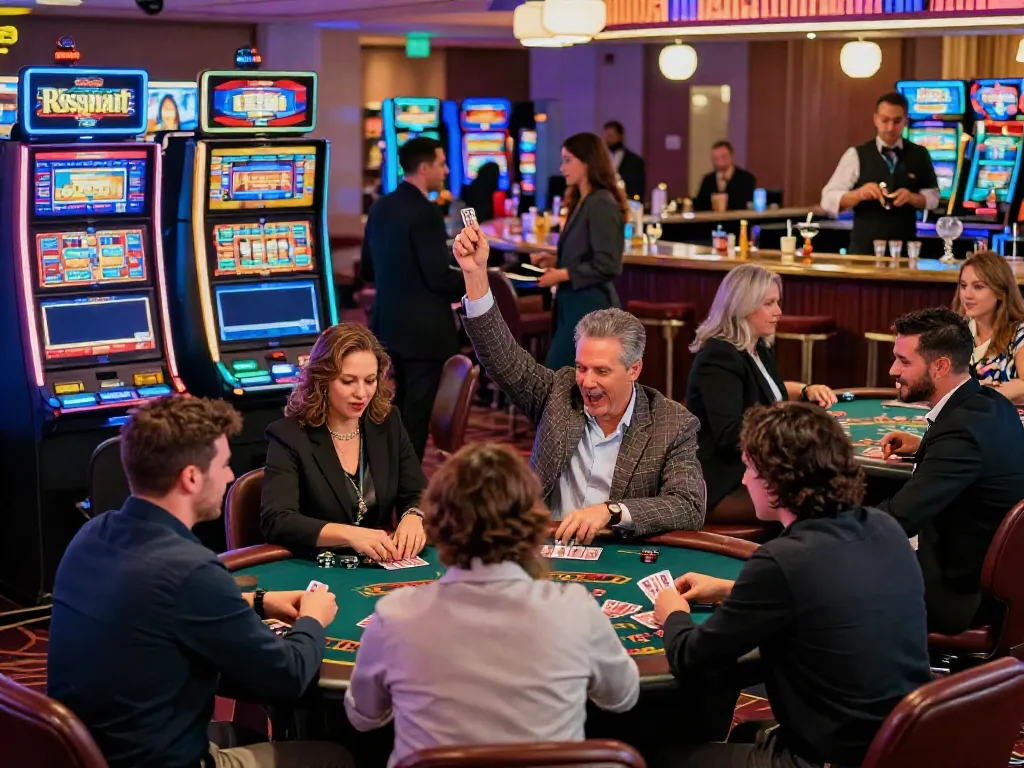 Casinos non Gamblock UK scene with diverse players enjoying vibrant gaming tables and slot machines, capturing dynamic casino atmosphere.