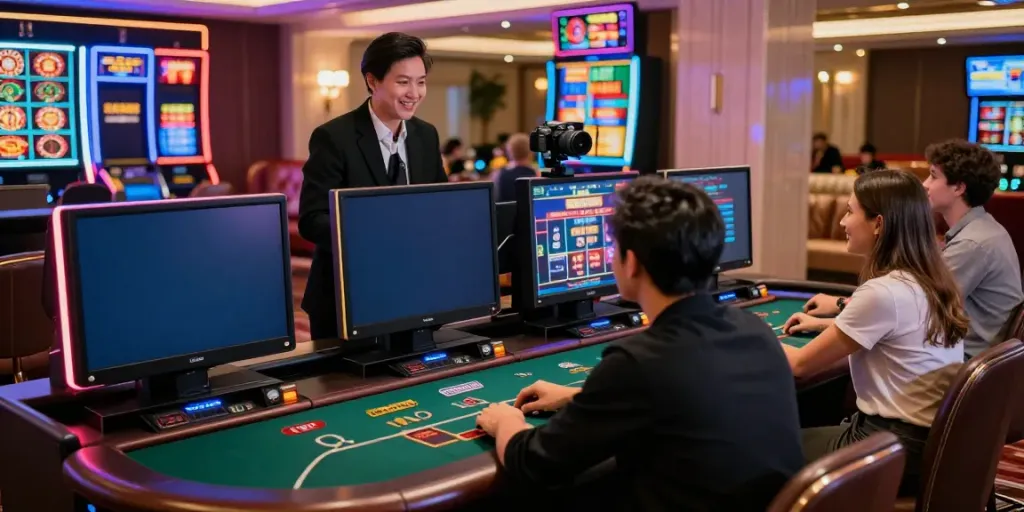 Exciting gaming atmosphere at casinos non Gamblock UK with players engaged in various games.