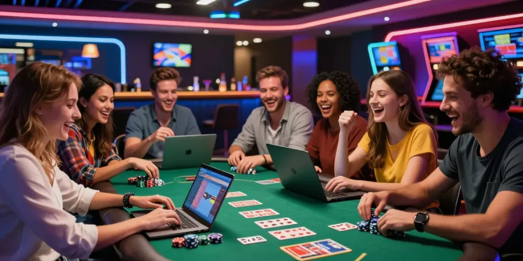 Friends enjoying games at casinos non Gamblock UK in a lively gaming lounge.