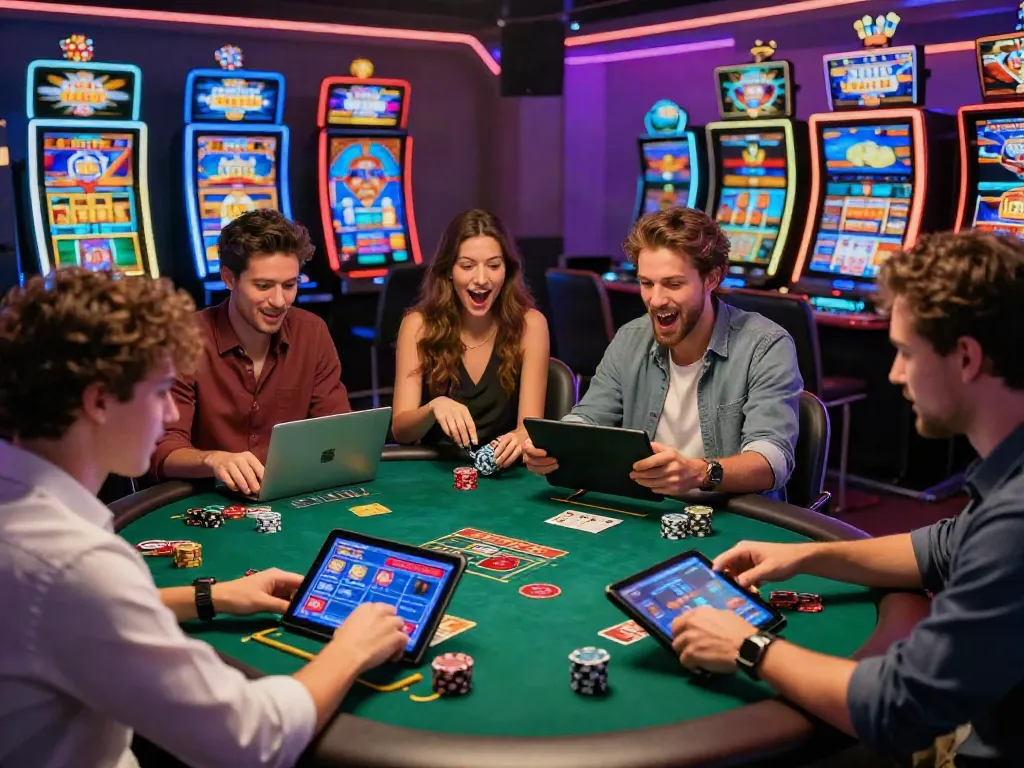 Players enjoying casinos non gamblock uk online, engaged in poker and blackjack within vibrant digital environment.