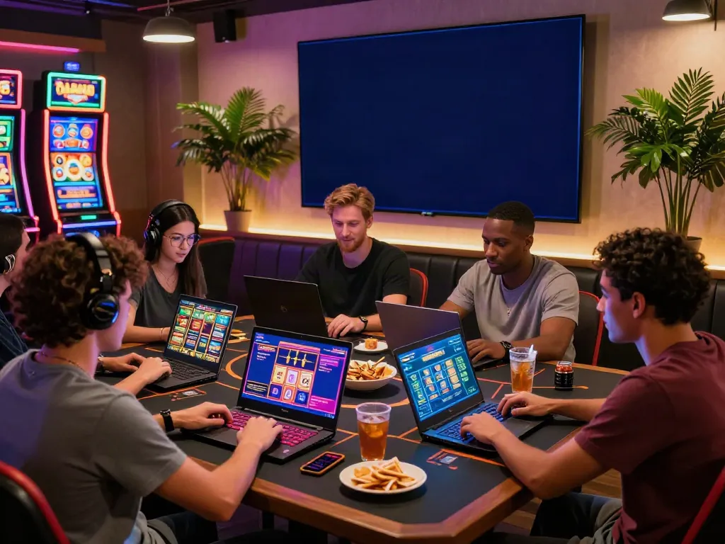 Friends enjoying games at non gamblock casinos uk in a lively gaming lounge.