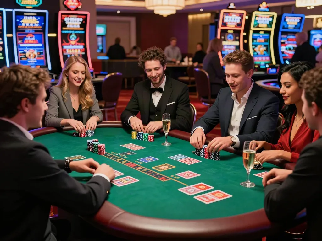 Players at a lively casino table enjoying games at non GamBlock UK establishments.