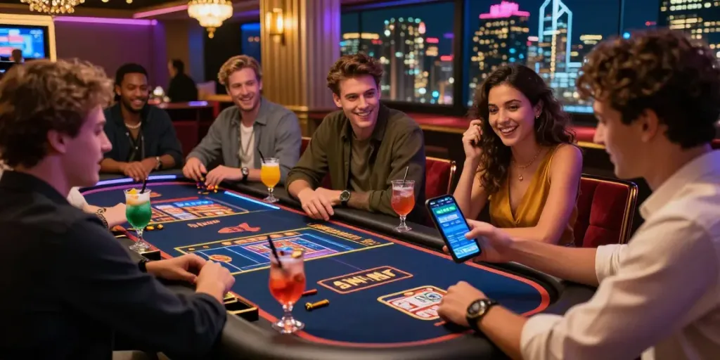 Exciting gathering of friends enjoying casinos non gamblock uk in a vibrant online gaming environment.
