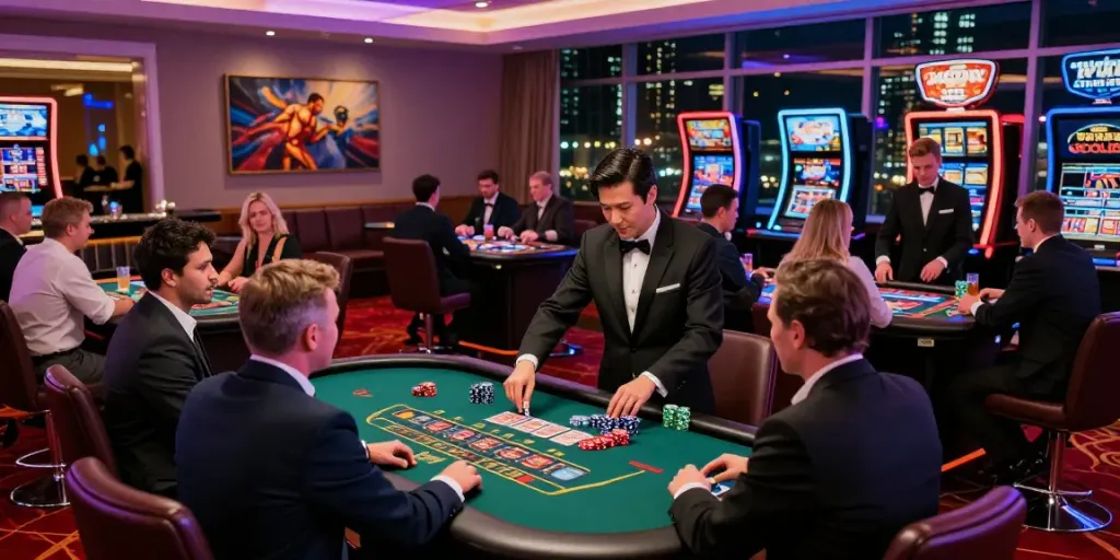 Exciting scene at casinos non Gamblock UK with players at gaming tables and vibrant atmosphere.