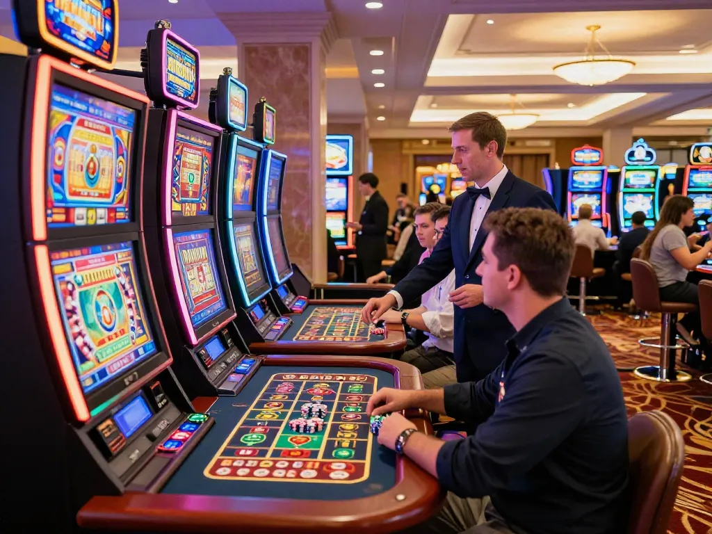 Exciting scene of casinos non gamblock UK with vibrant gaming tables and lively patrons.