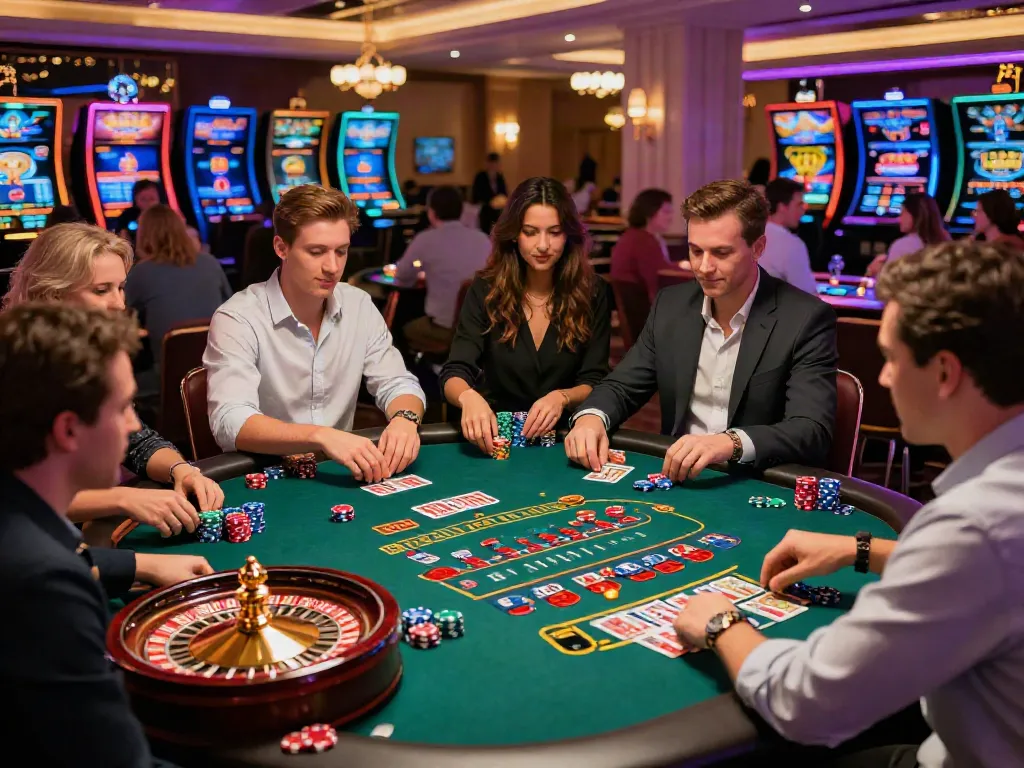 Exciting scene at casinos non gamblock UK with players engaged in blackjack and roulette.