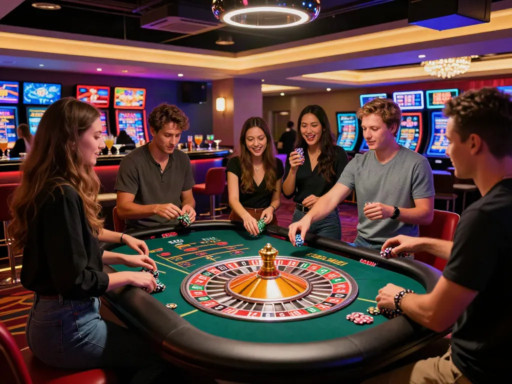 Exciting gaming scene at casinos non gamblock uk with diverse players around a roulette table.