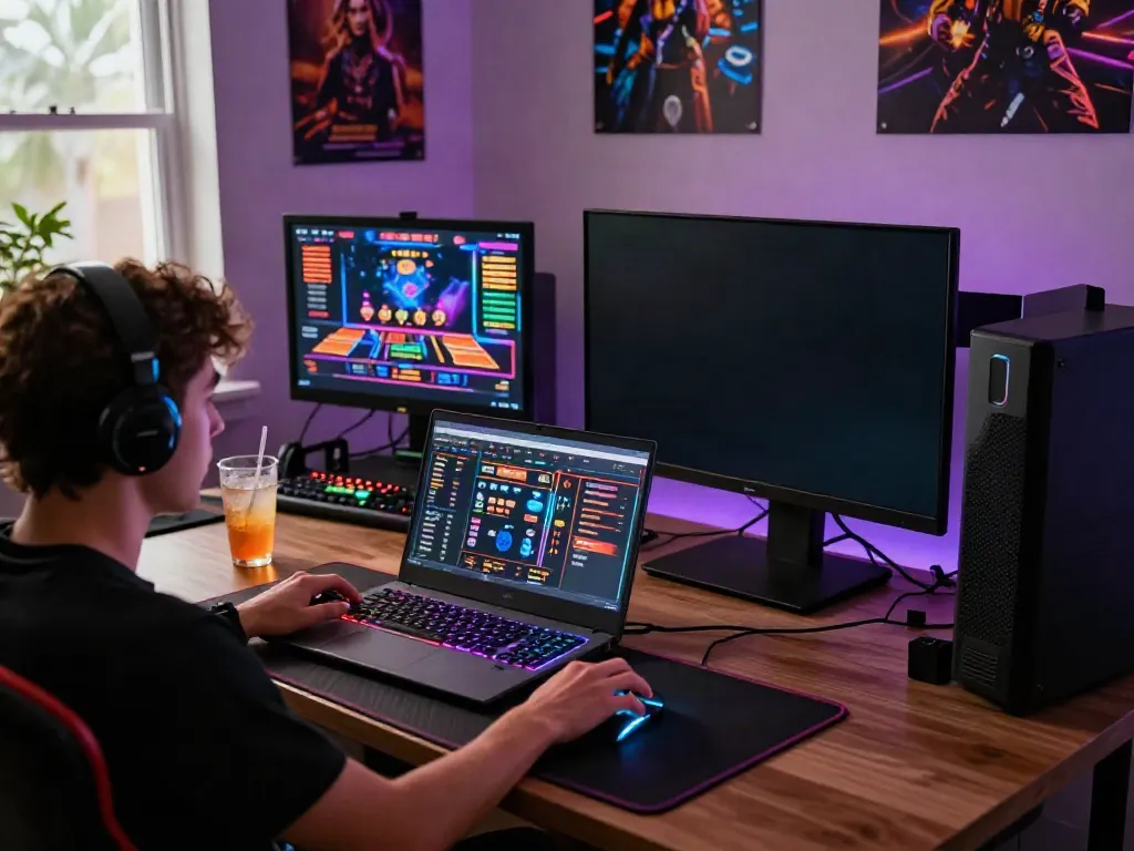 Casinos non gamblock UK player enjoying vibrant online gaming setup at modern desk.