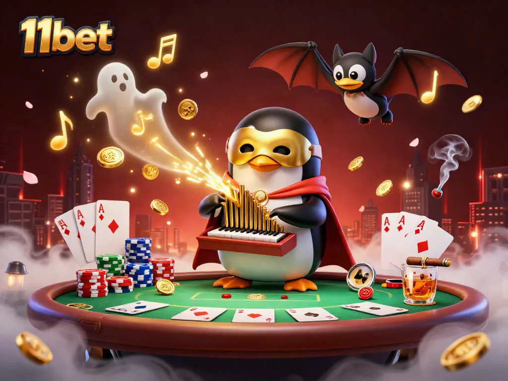 Experience the thrill of 11bet at a vibrant casino scene with golden coins, poker chips, and dynamic characters.