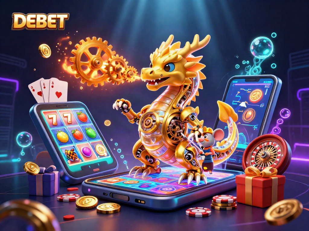 DEBET offers thrilling slots with golden coins erupting and a dragon amidst gaming excitement.