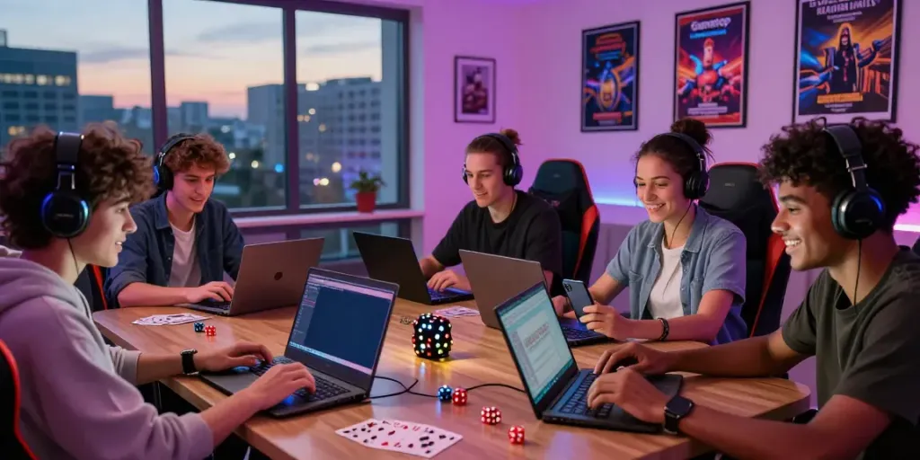 Friends enjoying casinos non gamblock uk in a vibrant gaming setup, illuminated by colorful LED lights.