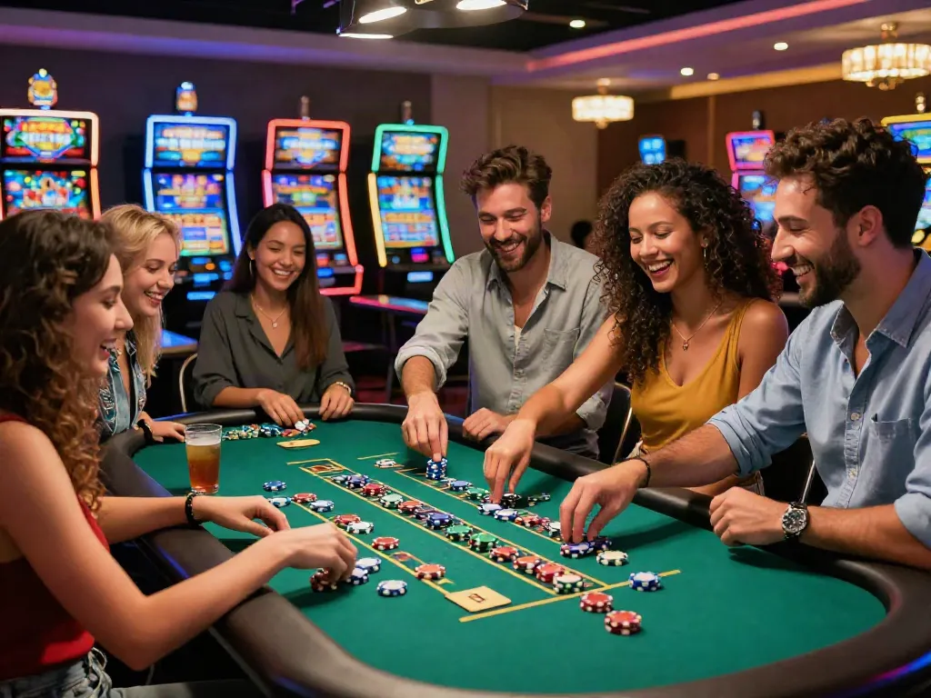 Friends enjoying games at casinos non gamblock uk with colorful chips and vibrant atmosphere.